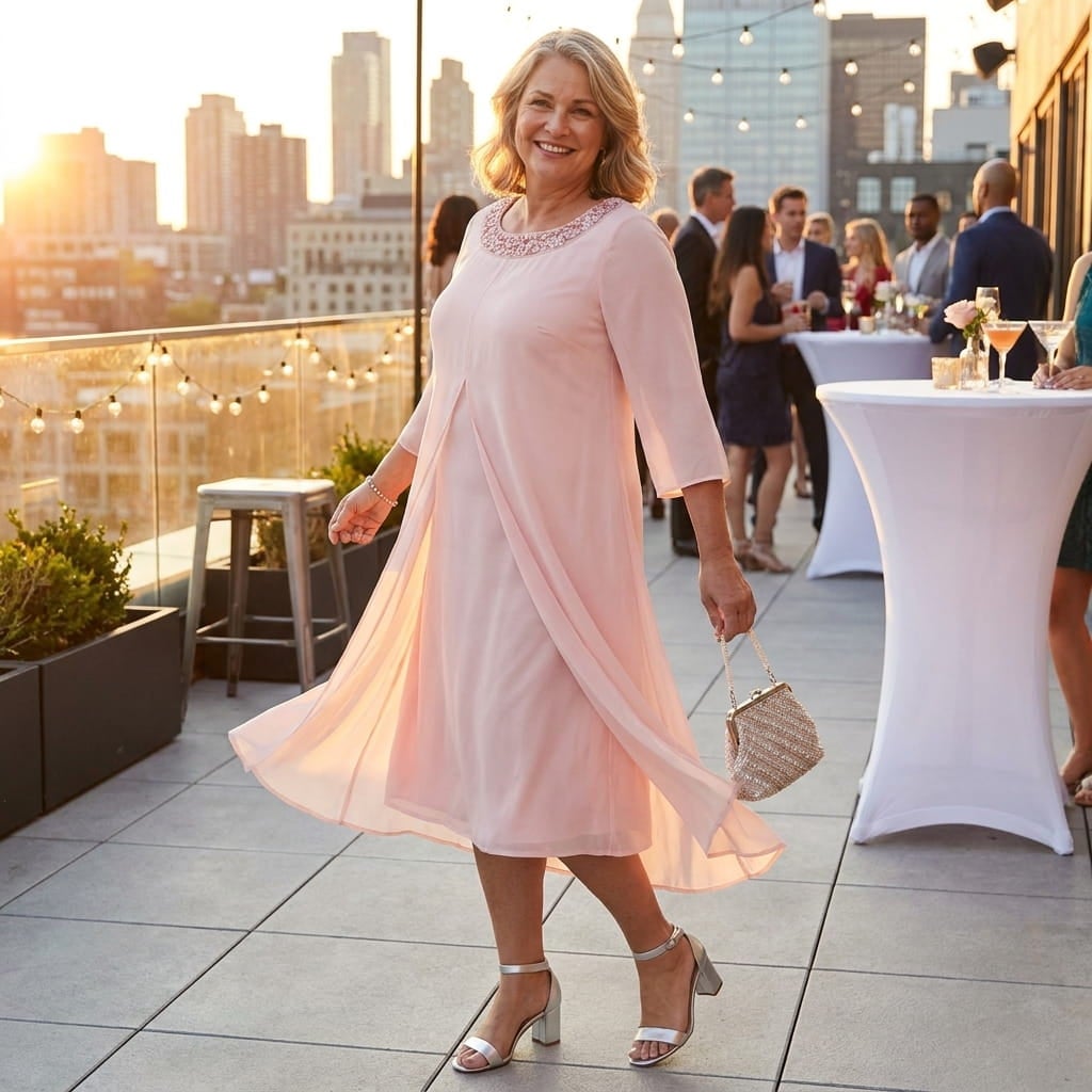 Plus-size woman in a flyaway dress with a beaded collar at a rooftop cocktail party