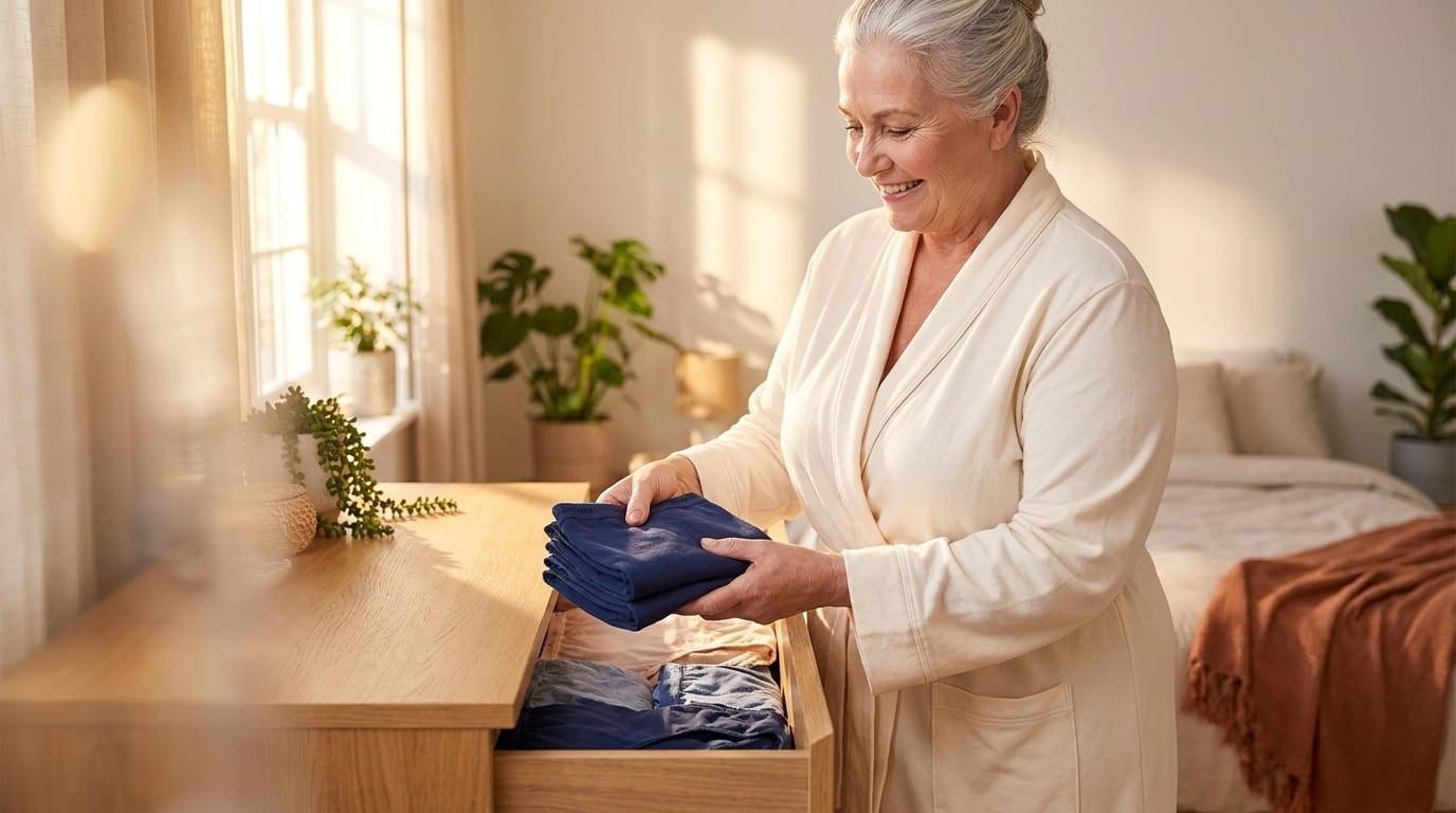 Smiling woman in a robe putting folded full-coverage cotton briefs into a dresser drawer