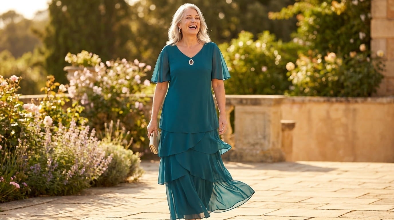 Plus-size woman with silver hair in a tiered chiffon maxi dress with sheer short sleeves on a sunlit garden terrace