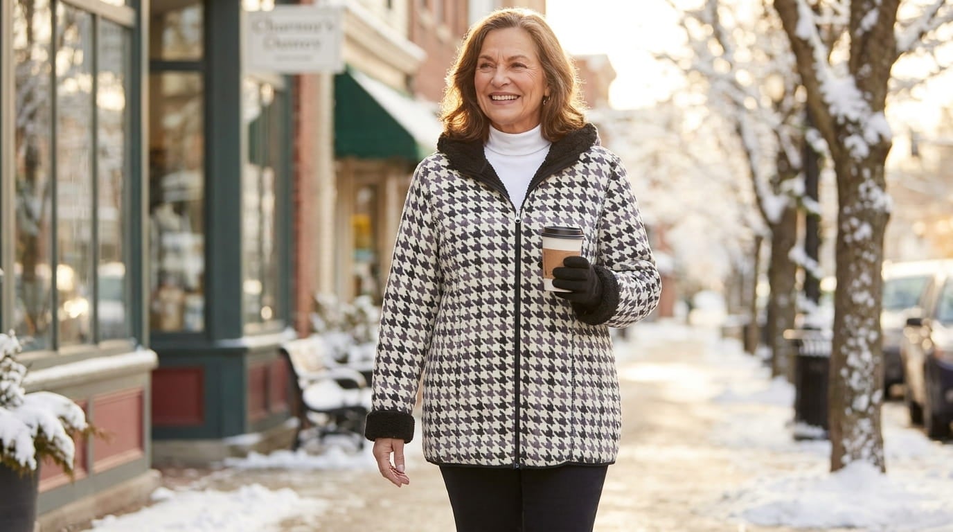 Smiling plus-size woman in a hooded sherpa-lined fleece coat walking down a snowy small-town street